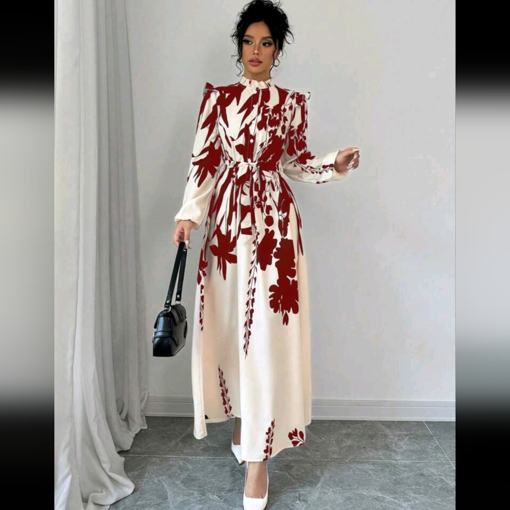 Women's Floral Print Front Button Cinched Waist Wrap Dress, Long - Picture 1 of 5